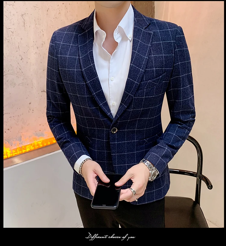Новая удобная винтажная клетчатая куртка Британский элегантный мужской джентльмен тонкий пиджак костюм с одной пуговицей деловая повседневная куртка мужской блейзер