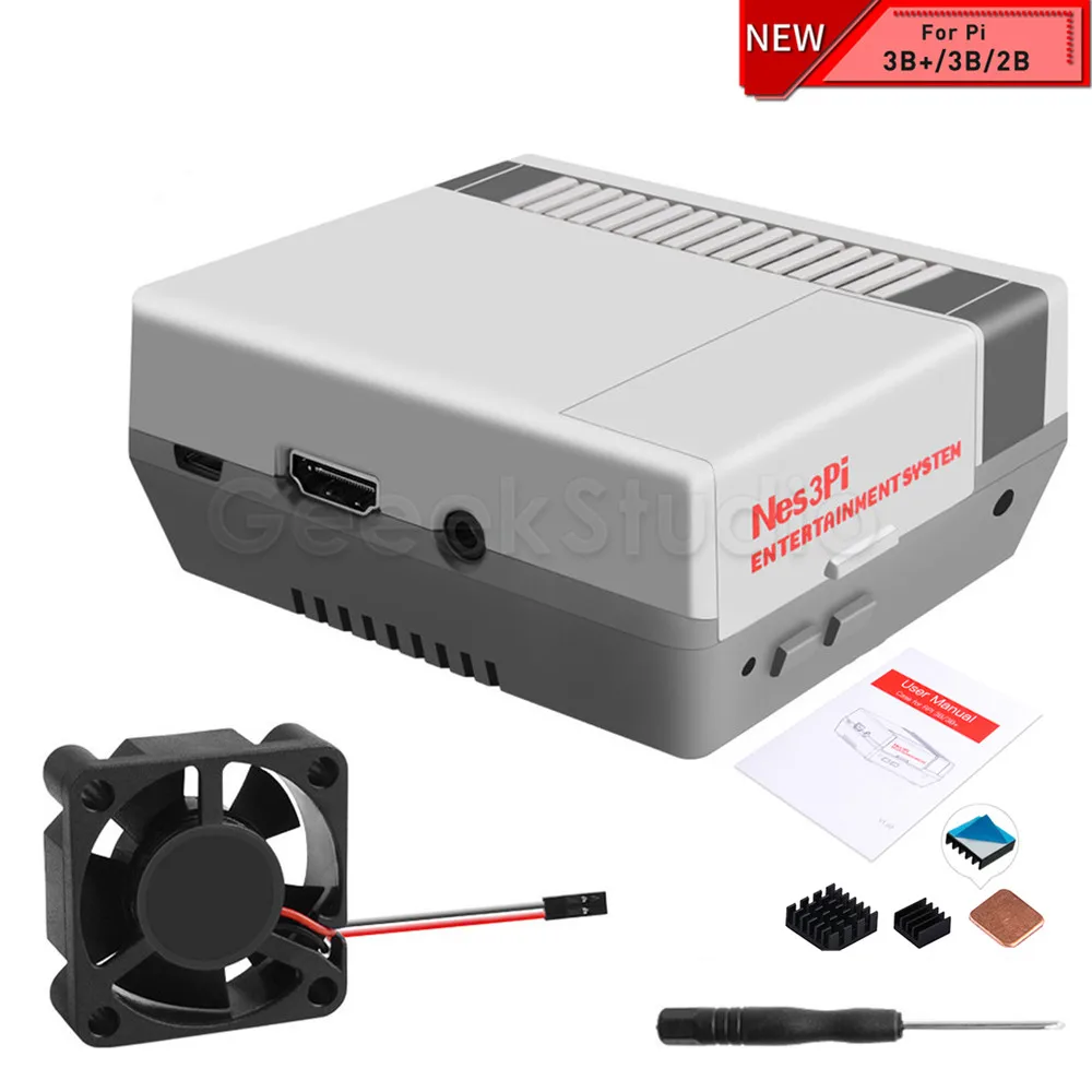 

New Nes3Pi NES Style Case Kit ABS Functional Cooling Fan Heatsinks Screwdrivers for Raspberry Pi 3B+/3B/2B