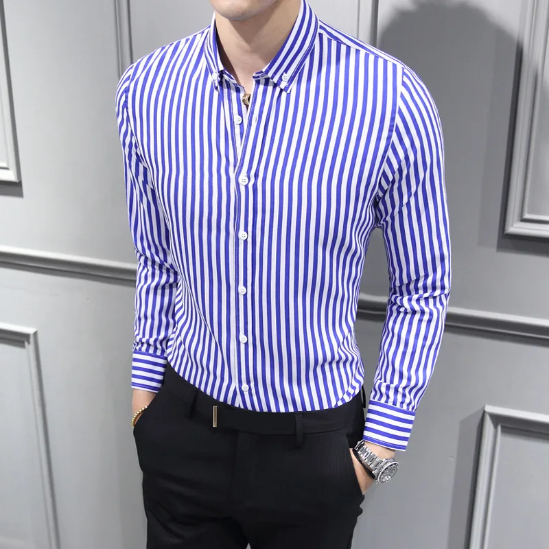 

2021new Four Seasons Men's Slim Striped Button Collar Shirt Youth Popularity Fashion Urban Thin Shirt