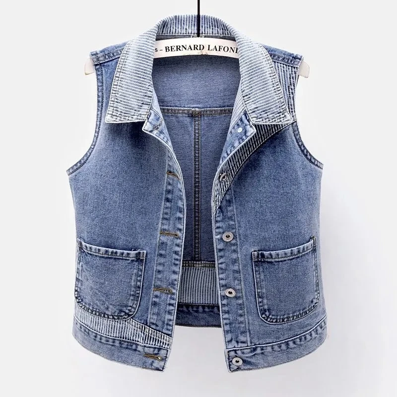 

Spliced Stripe Street Fashion Denim Vest Women Spring Korean Sleeveless Cropped Jacket Female Casual Plus Size Jean Waistcoat