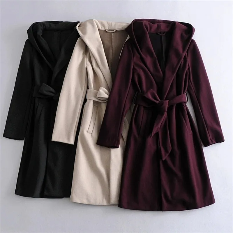 

2020 Autumn Woolen Coat Women Fashion Classic Cashmere Women Woolen Coat Elegant Long Coat Jackets Women Streetwear with Cap