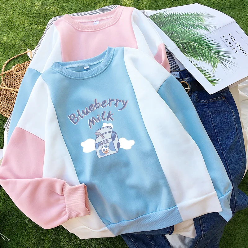 

Fall Winter Women Spell Color O Neck Fleece Sweatshirt Cartoon Cute Blueberry Milk Pattern Print Korean Casual Harajuku Pullover