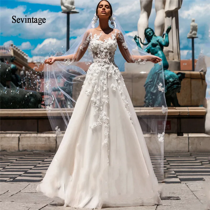 

Sevintage A Line Illusion Scoop Tulle Wedding Dresses Boho Lace Long Bridal Gowns Backless Wedding Gowns Robe De Mariee 2020