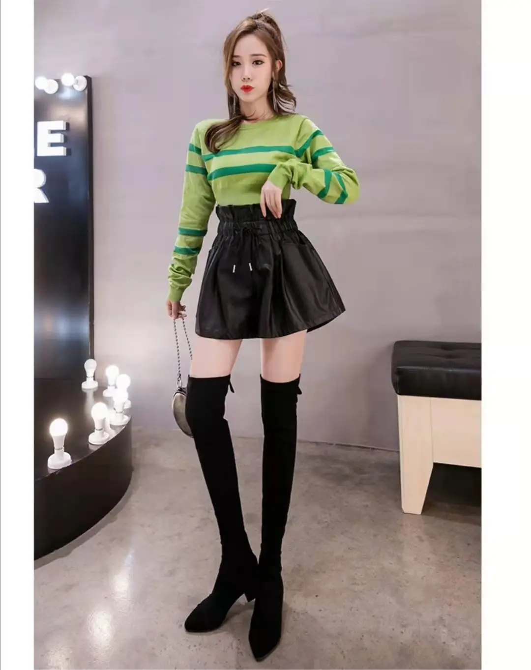 

2020 Autumn/winter new PU leather wash leather trousers high-waisted INS shorts boots trousers bud female