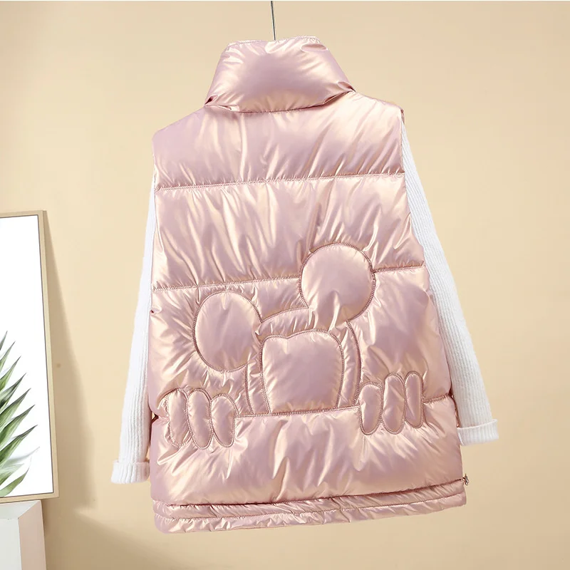 

#0744 Black White Pink Grey Slim Vest Waistcoat Women Shinny Sleeveless Jacket Femme Vest Coat Zipper Short Vest Female Winter