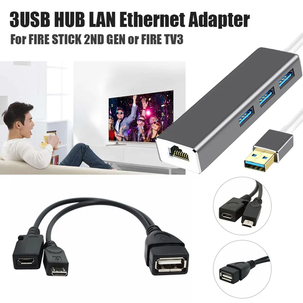 3 usb-хаб LAN Ethernet адаптер + OTG кабель USB для пожаротушения 2ND GEN или пожара ТВ Stick 1080P