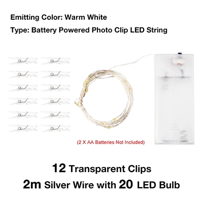 warm white 2m 20led 1,5 м 3 м 6 м держатель фото светодиодный строка светильники с питанием от аккумулятора Рождество Год Вечерние Свадебные украшения гирляндой - Испускаемый цвет: warm white 2m 20led