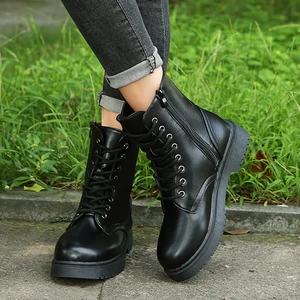 2021 Autumn and Winter New Thick-soled Martn Boots British Style Womens Shoes Motorcycle Boots Solid Color Lace-up Short Boots