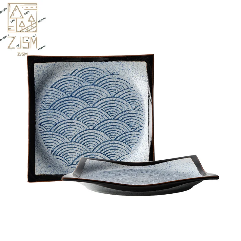

ZJSM Blue Square Ceramic plate set Salad Steak pizza plate Kitchen restaurant dinner party porcelain plate Cutlery plate set