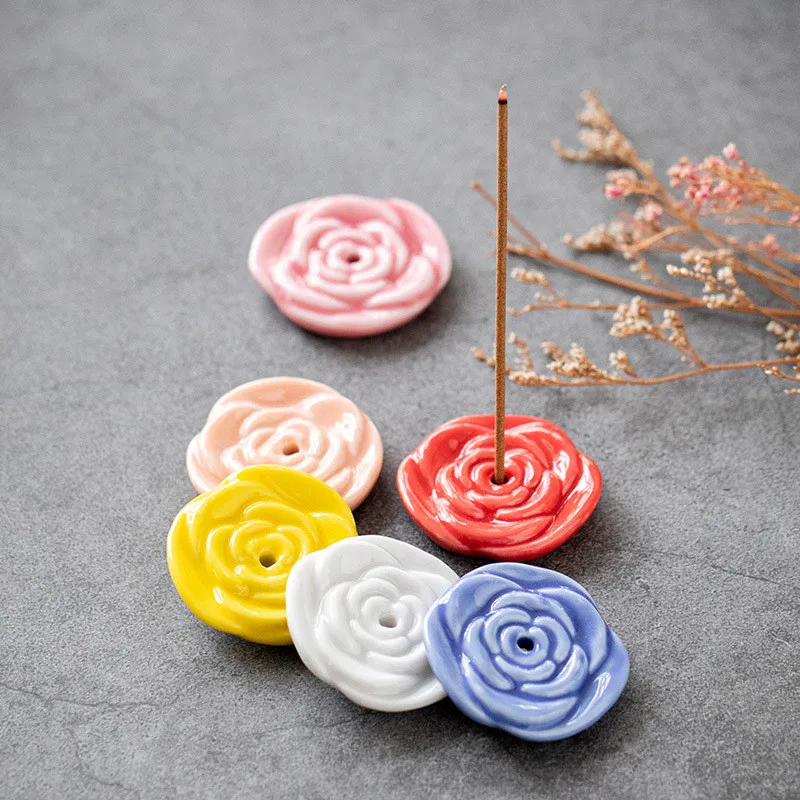 

Creative Ceramic Rose Flower-shaped Incense Burner Plant Incense Holder 7-color Home Office Decorations