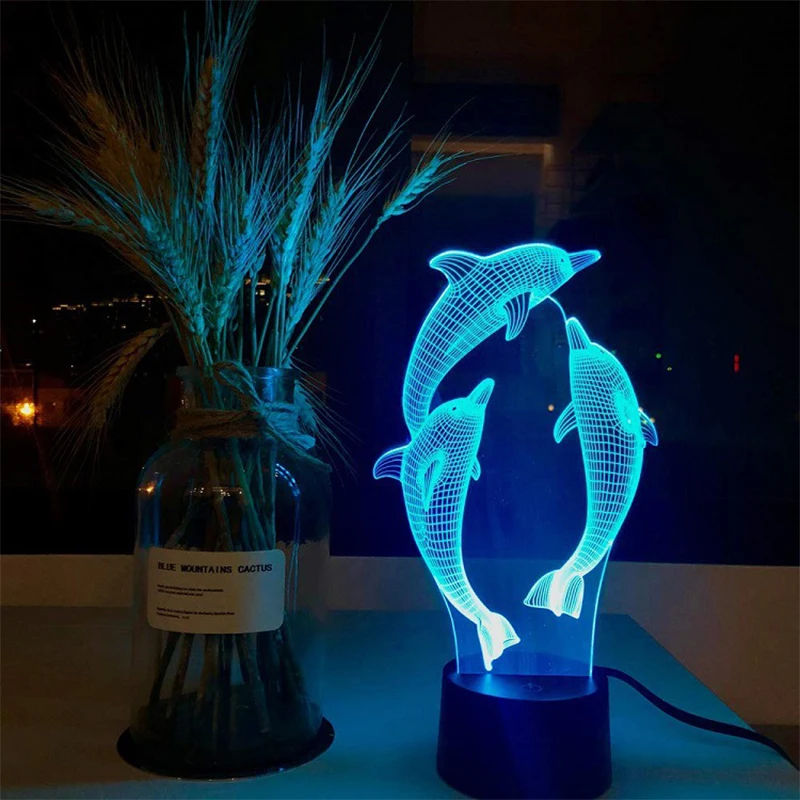 Фигурка 3D RGB лампы в форме дельфинов Подарочный ночник светодиодный 7 цветов ночник
