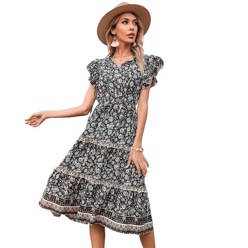 

Summer dress 2021 new European and American style floral trumpet sleeves fungus fashion woman dress long