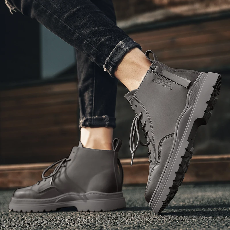 

New trend thick-soled pigskin mid-top men's casual shoes zipper lace-up Martin boots outdoor waterproof sports shoes