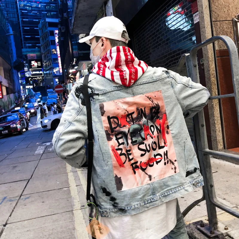 

SATRA 2021 New Arrival Hip Hop Graffiti Jeans Jacket Streetwear Men, Men's Trend Punk Cowboy Ripped Distressed Denim Jacket coat