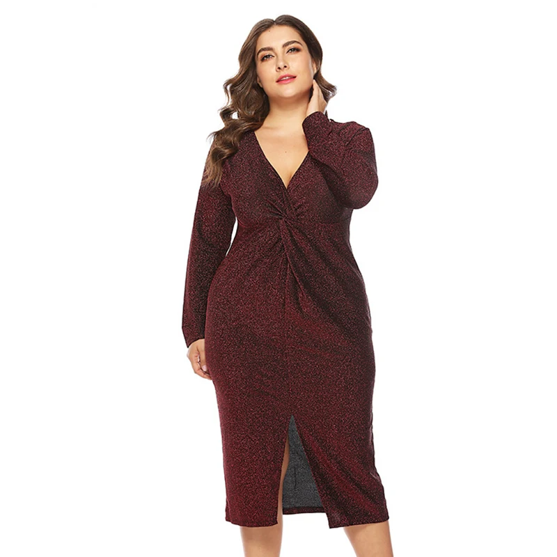 Осеннее женское блестящее платье с V образным вырезом и длинным рукавом