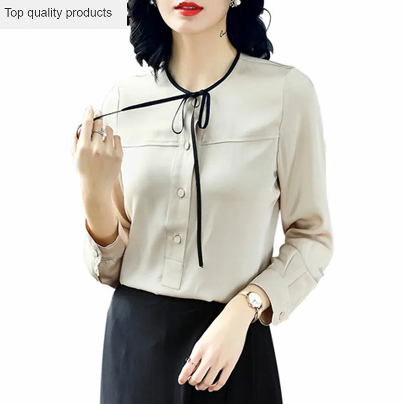 Женские модные блузки 100% шелк длинный рукав блузка для офиса рубашки женщин