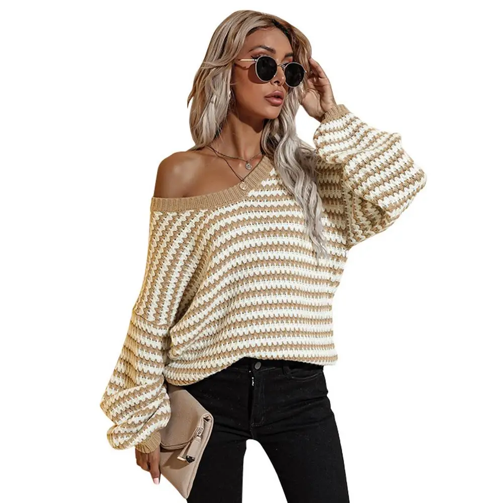 

Women V Neck Long Sleeve Jumper Striped Sweater Casual Loose Pullover Sexy Blouse Autumn Winter Warm Top Korean Fashion Clothes