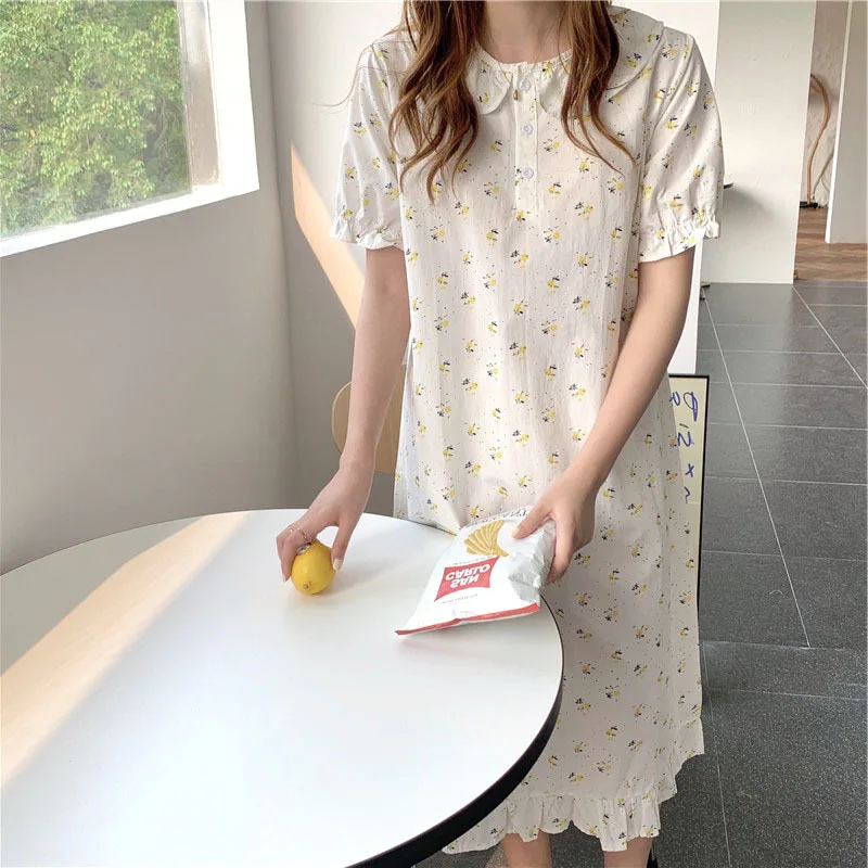 2021 Summer New Lovely Pure Cotton Loose Idyllic Little Flower Nightdress Women's Sweet Lotus Leaf Home Clothes Nightgown
