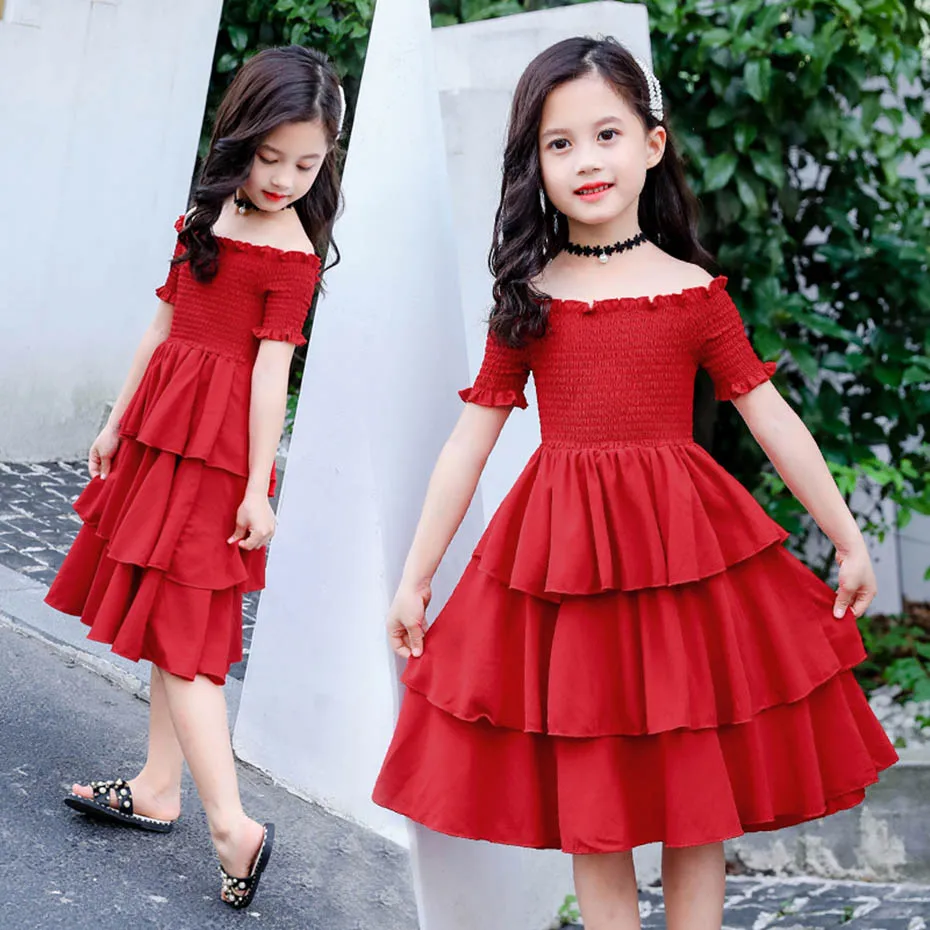 Платье для девочек платья с открытыми плечами однотонное детское нарядное