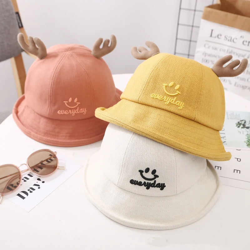 

QJHH Sweet And Cute Antler Fisherman Hat Female European And American Version Spring And Summer Basin Hat Sun Hat