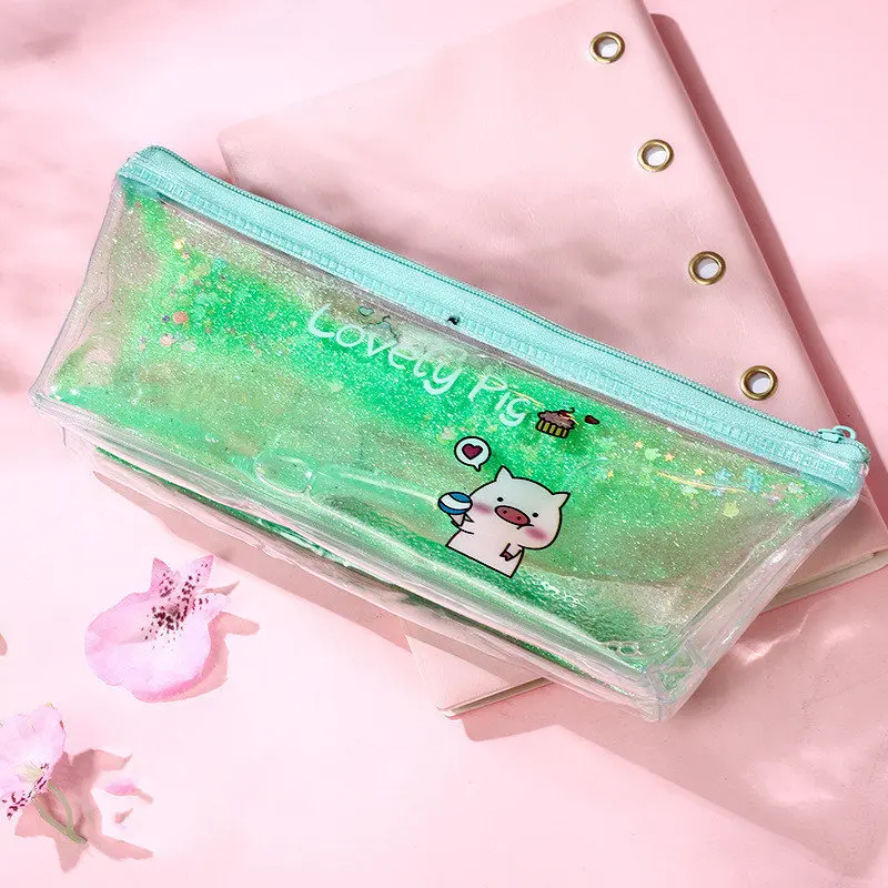 green smaller Пенал для ручек, коробка для ручек, чехол для письма, зыбучий песок, жидкость, милый поросенок, конфетный цвет, золотой порошок, водонепроницаемый обучающий инструмент, школьные канцелярские принадлежности для детей - Цвет: green smaller