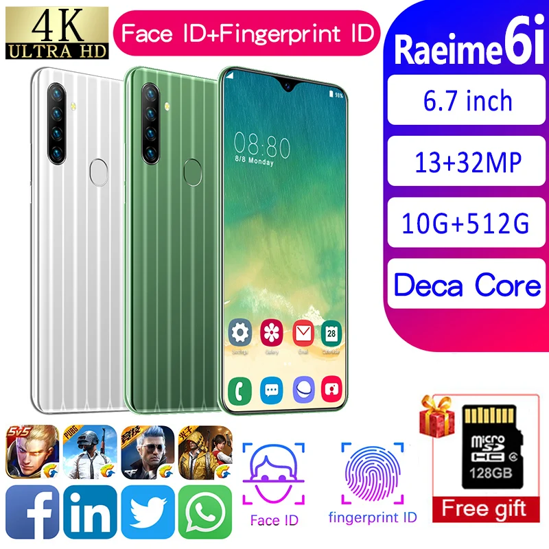 

Raeime6i Smart Phone 10GB+512GB Memory Android 9.0 13MP+32MP Camera 6.7"HD Screen 4800mAH Battery Face ID Unlock Dual Card