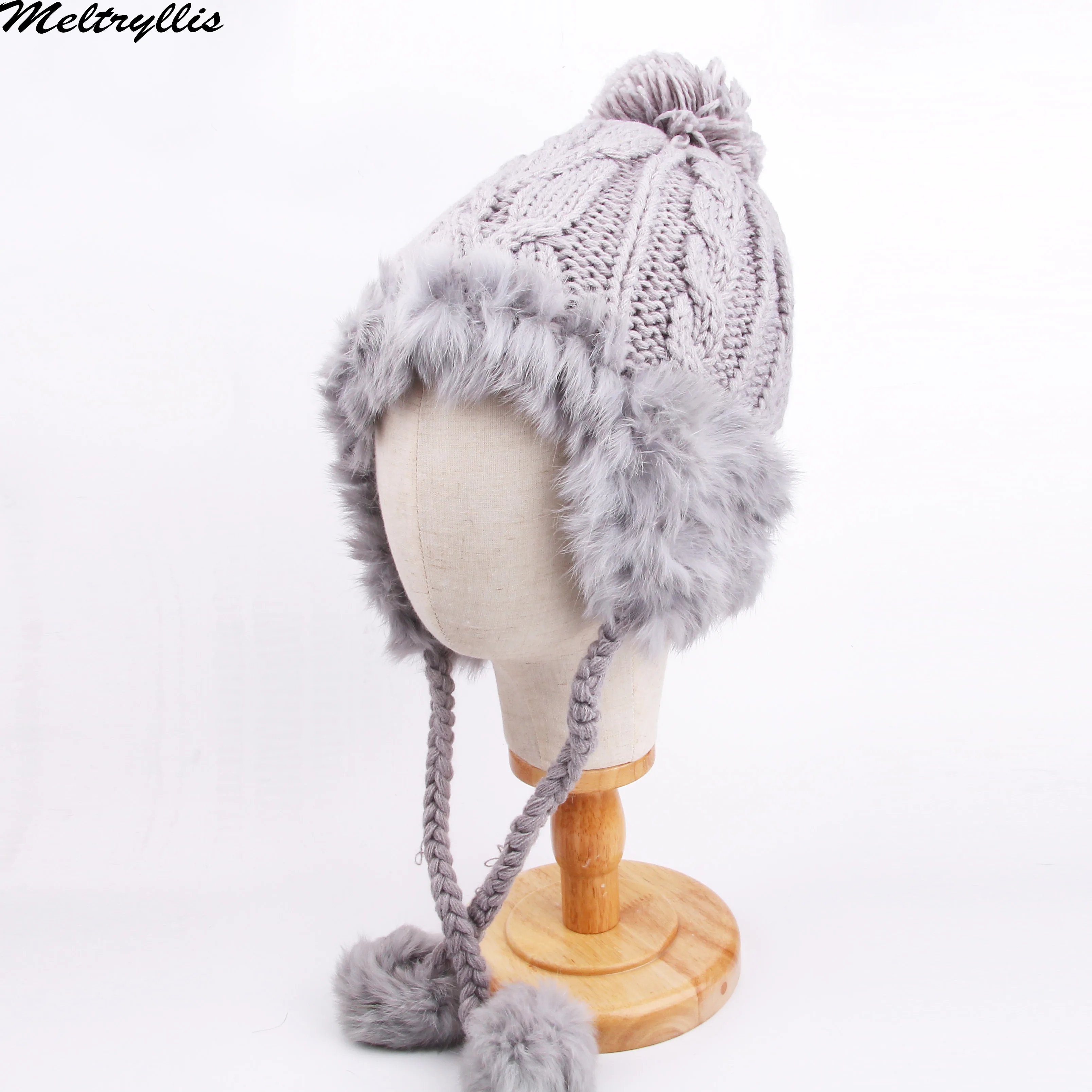 Женская лыжная шапка [meltrylliis] теплая вязаная с меховыми помпонами для