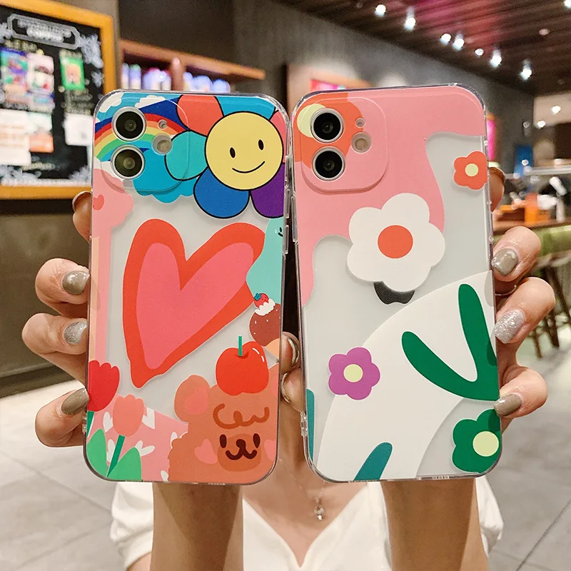 New Cute Carcasa de Telefono Heart Flower Case For iPhone 12 13 Pro Max 6 XR XS Soft TPU Candy Case for iPhone 11 7 8 Plus Cover