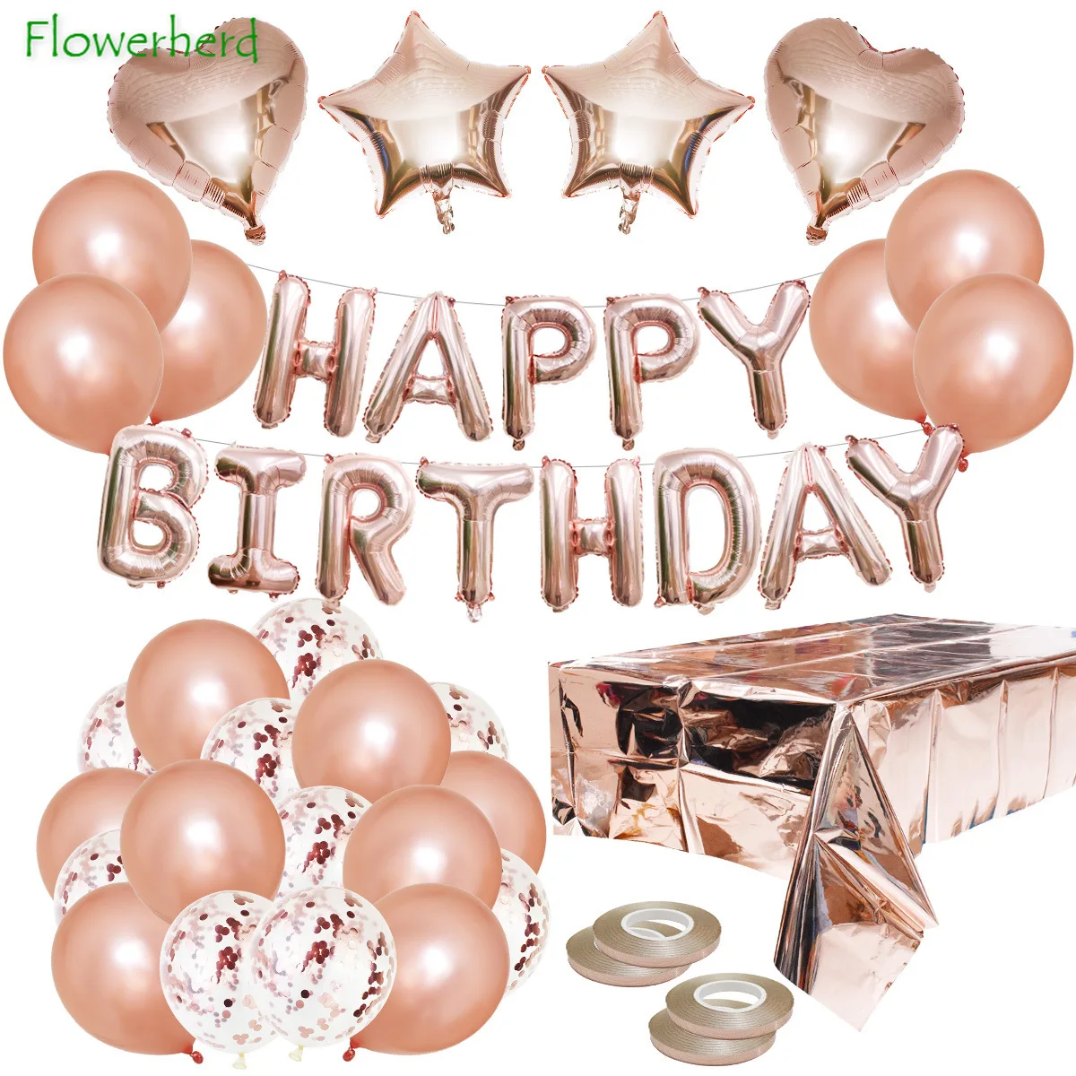

Happy Birthday Decoration Rose Gold Party Balloons Banner Fringe Curtain Foil Tablecloth Heart Star Confetti Table Women Girl