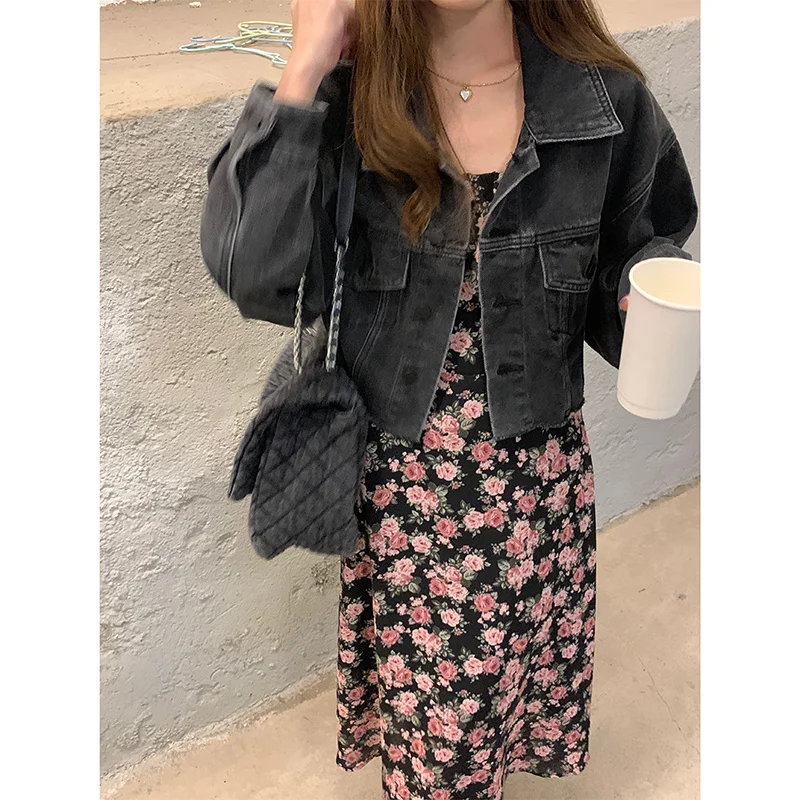 Джинсовая куртка пальто корейская Свободная с карманами и отворотами короткая