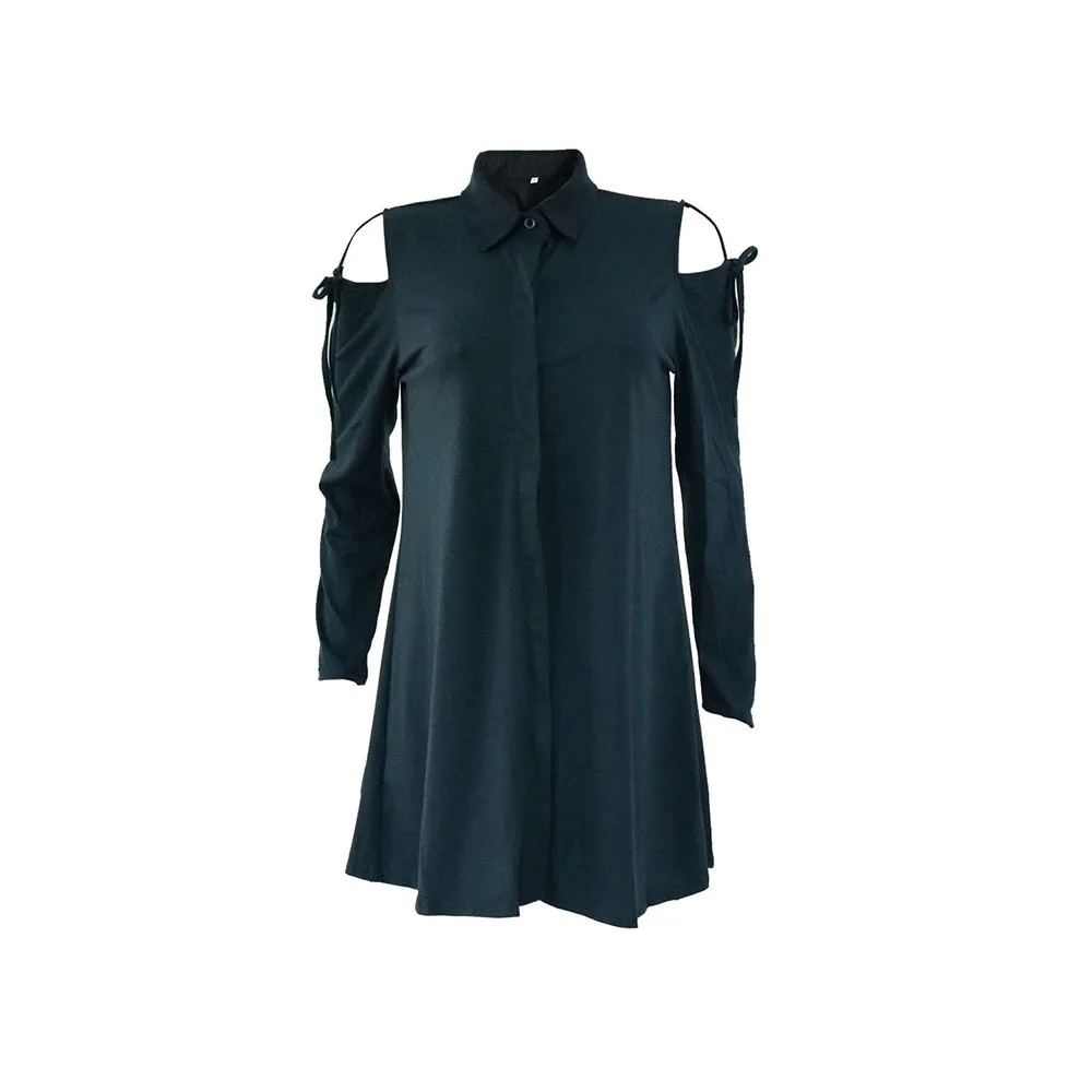 Женское платье-рубашка с открытыми плечами темно-зеленое сексуальное