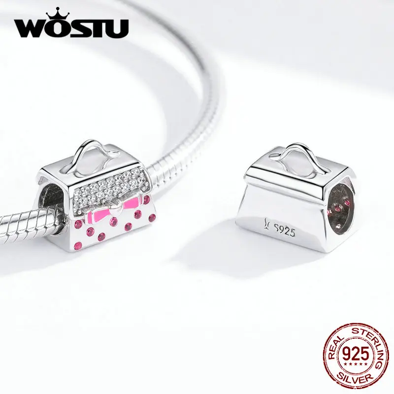 WOSTU модная 925 пробы Серебряная ручная сумка бусины розовый циркон Подвески с бантиком подходит браслет кулон девушки ювелирные изделия FIC1391
