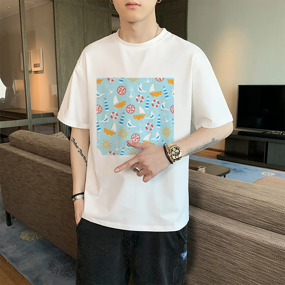 

Harajuku Short Sleeve Male T Shirt Pure Cotton Ocean Wave Mountain Kawaii Top Tee Gentleman Camisas Clothing Hot Cheap New Arr