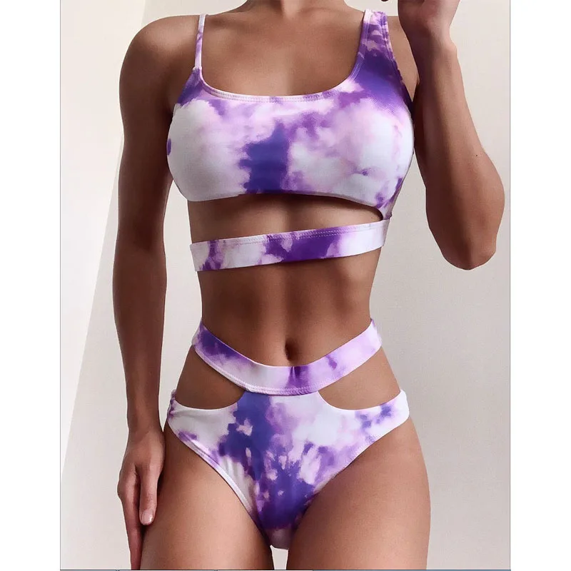 

Фиолетовый купальник с галстуком и вырезами, комплект бикини с низкой талией, купальный костюм для женщин, бандаж, пляжная одежда, купальный...