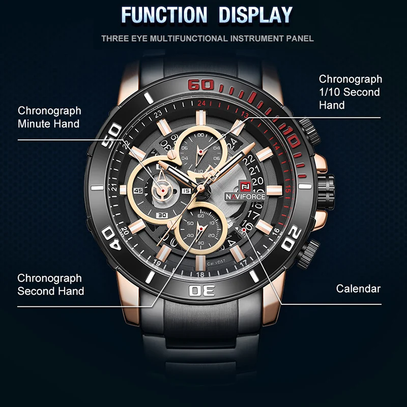 Часы NAVIFORCE мужские из нержавеющей стали водонепроницаемые кварцевые спортивные