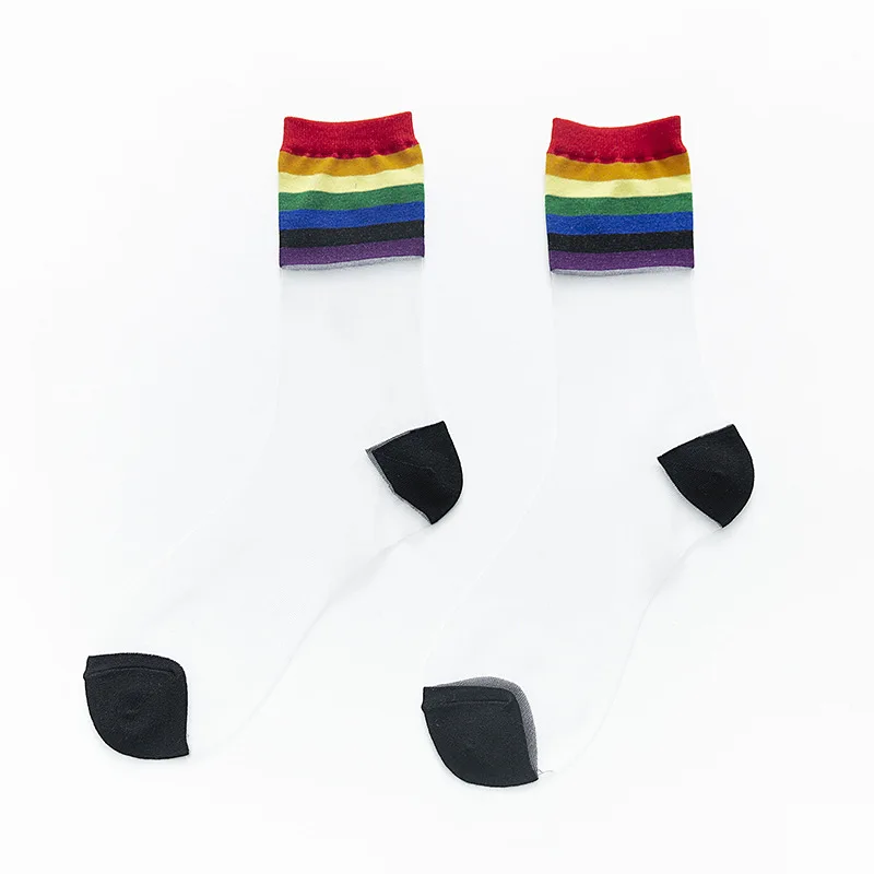 

3pairs Lace Women Socks Sexy Lace Mesh Fishnet Girls Rainbow Striped Socks Transparent Elasticity Net Yarn Thin Ladies Cool Sox