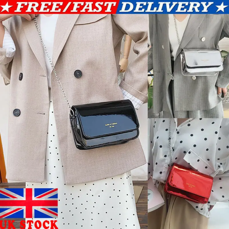 Женская сумка маленькая квадратная из лакированной кожи с цепочкой на