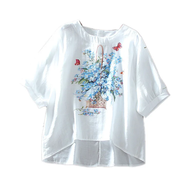 

SuperAen 2021 Retro Floral Sweet Loose Big Size Cotton and Linen Comfortable Casual Short-sleeved Shirt Blouse Ladies Tops