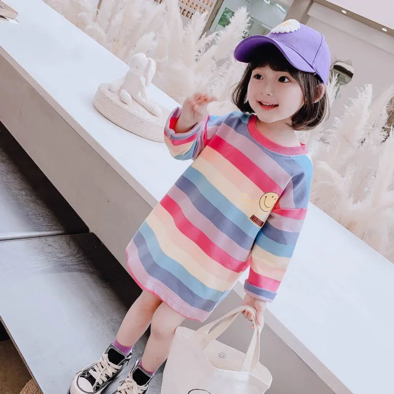 

Cotton Infant Rainbow Stripe Clothing Girls Costume Party Shirt Dresses Kids Dress Elegant School Wear For Baby Girl Vestido