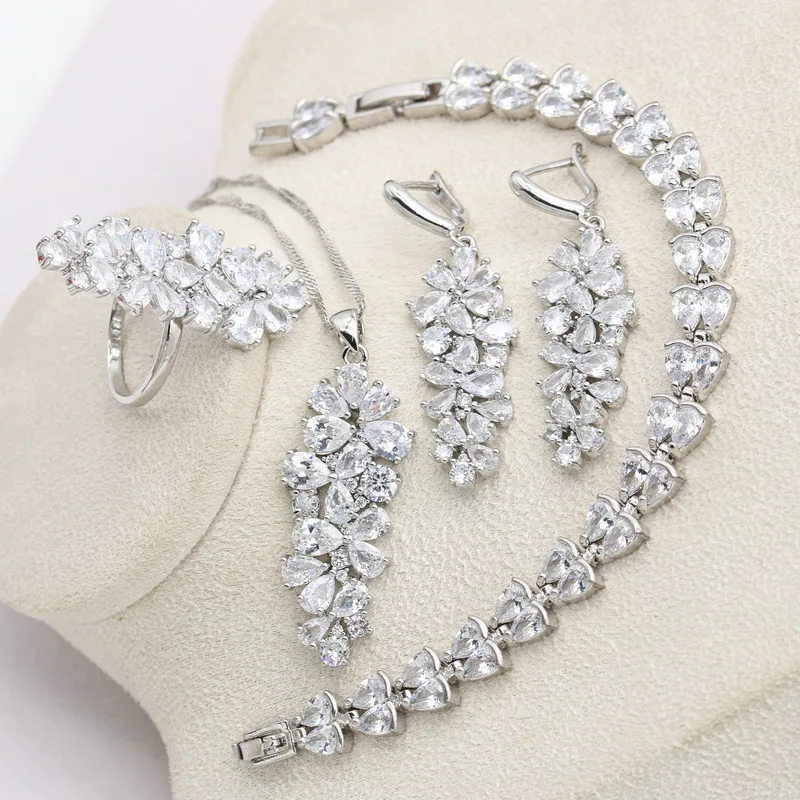 

Geometric Dubai White Zircon Silver Color Women Jewelry Set with Bracelet Earring Necklace Pendant Ring Birthday Gift