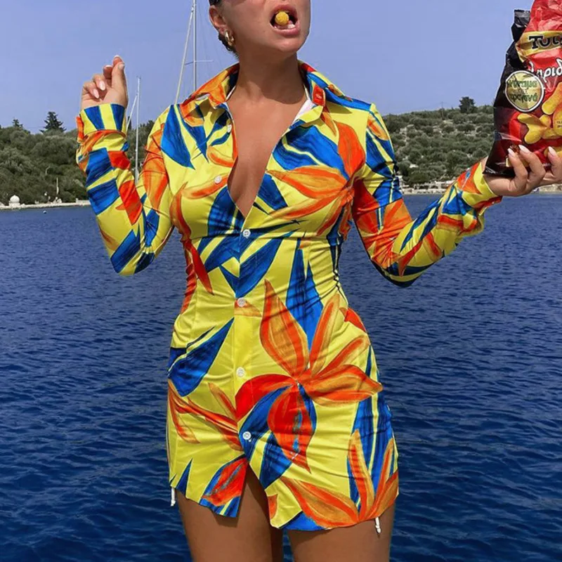 

Leaves Flowers Printing Shirt Dress 2021 Loose Turn-down Collar Single Breasted Long Sleeve Mini Dresses Casual Women Dresses