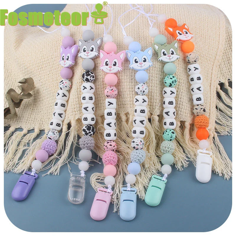 

Fosmeteor Customizable Pacifier Chain Personalised Name Baby Pacifier Clip Crochet Beads Silicone Fox Feeding Chain Teether Toys