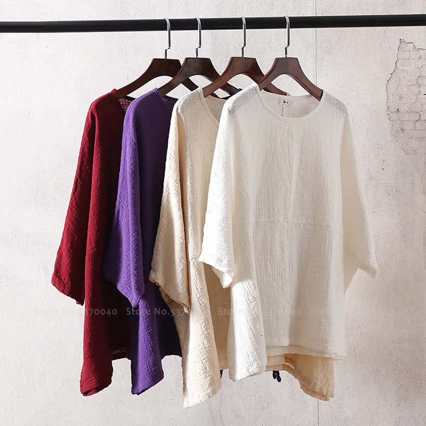 Летняя Свободная блуза с короткими рукавами футболка Hanfu женские хлопковые