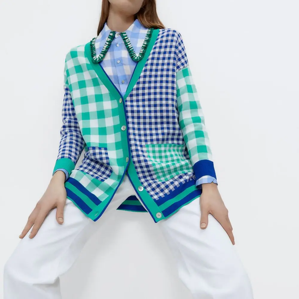

KRSB Autumn Winter Women's Blue Geometric Printing v-Neck Single-Breasted Pocket Loose Stitching Sweater Cardigan High Street