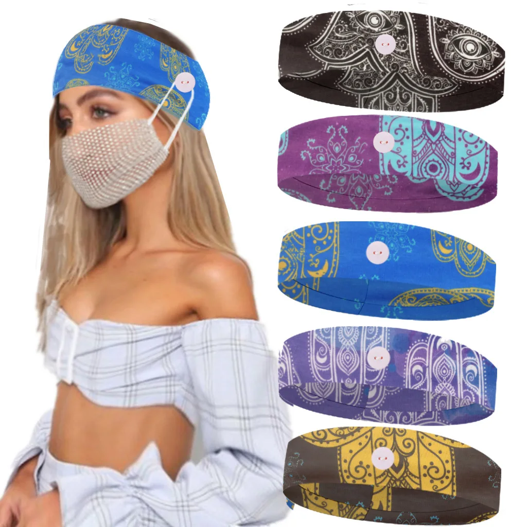 

Women Sports Yoga Headband Button Face Holder Wearing Protect Ears Sports Hair Accessories Printing Girls Hair Accessories