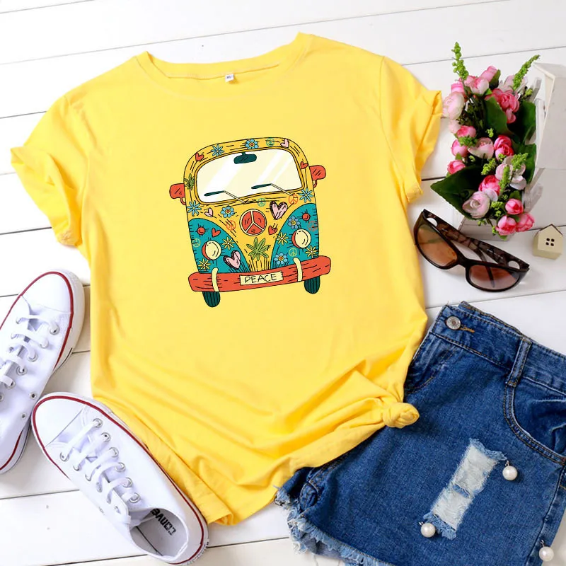 

2021 New Summer Women T Shirt S-5XL Plus Size Cotton Bus Print Short Sleeve Lady Tees Tops Casual O-Neck Female TShirt