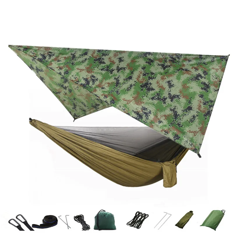 Camouflage-ArmyGreen Дождевой мух брезент и Кемпинг гамак с москитной сеткой портативный гамак навес легкий нейлон гамаки для пеших прогулок, альпинизма - Цвет: Camouflage-ArmyGreen