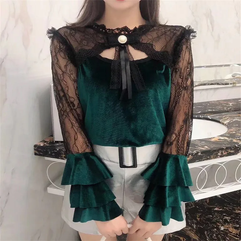 Блузка женская кружевная с длинным рукавом пикантная ажурная бархатная рубашка