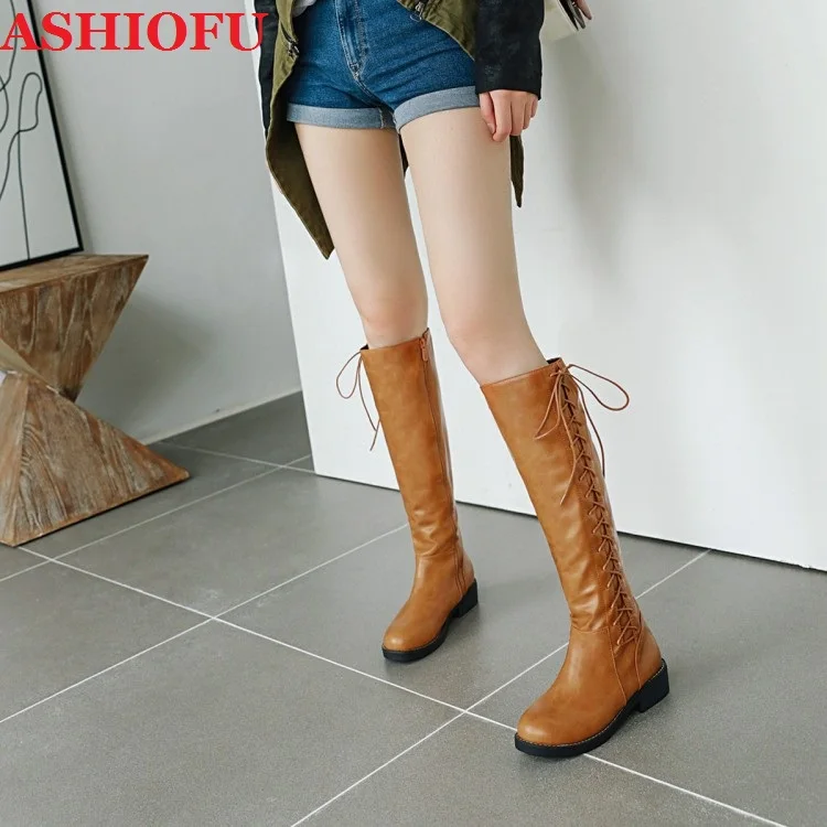 

ASHIOFU Hot Sale New Handmade Ladies Blocked Heel Boots Shinny Brown Faux-leather Knee Boots Cross-shoelace Party Fashion Boots