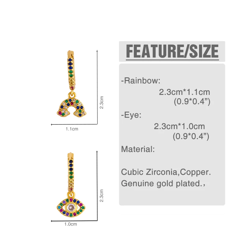 Золотые радужные серьги FLOLA в форме облака разноцветные циркониевые с глазами